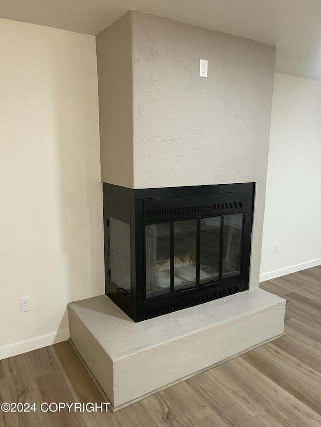 room details featuring hardwood / wood-style flooring and a multi sided fireplace