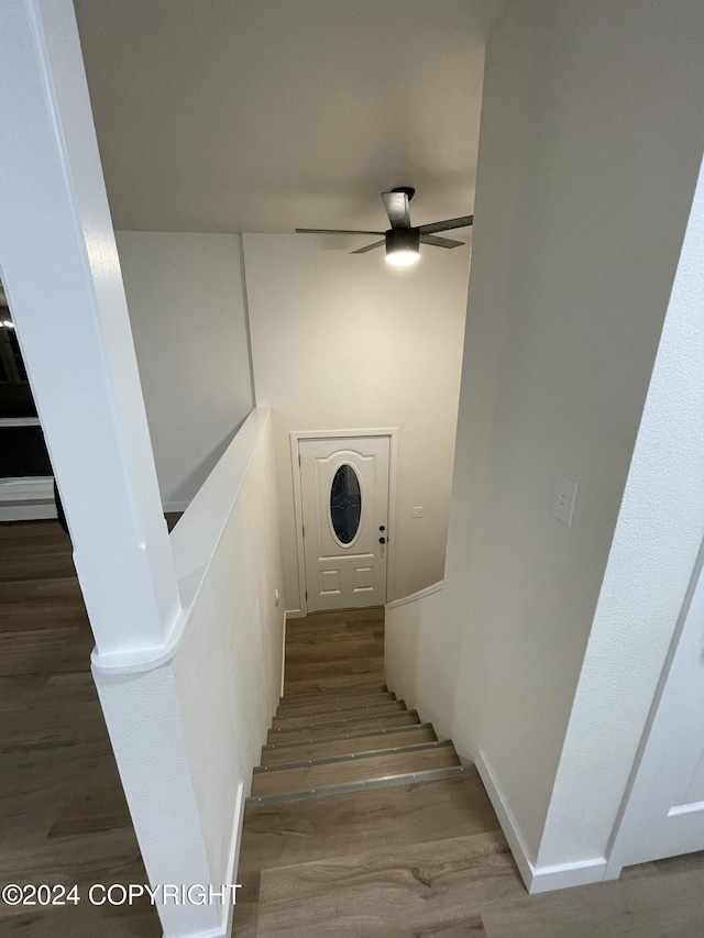 stairs with hardwood / wood-style floors and ceiling fan