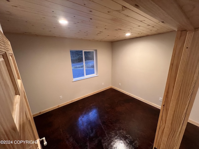 empty room with dark wood-type flooring and wooden ceiling