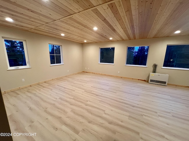 unfurnished living room with wood ceiling and light hardwood / wood-style floors