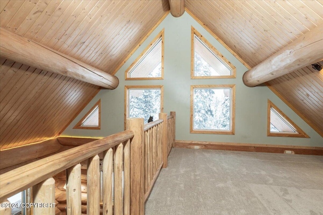 TL-215 Old Valdez Trl, Salcha, AK 99714 - additional living space featuring a wooden ceiling with exposed beams, carpet flooring, and high vaulted ceiling