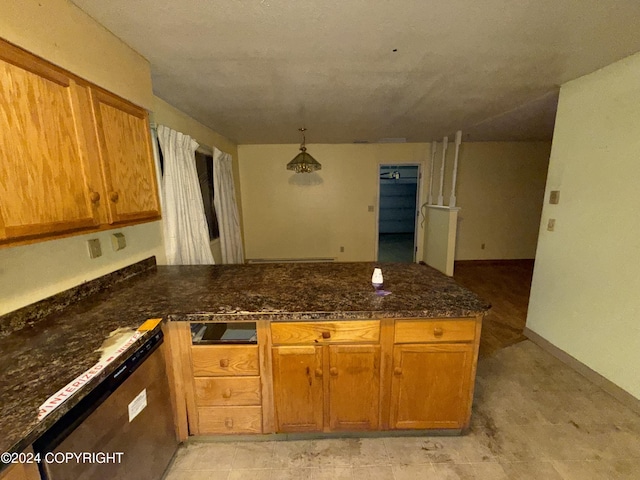 9231 Campbell Ter, Anchorage, AK 99515 - kitchen featuring a peninsula, dishwasher, brown cabinets, decorative light fixtures, and dark stone countertops