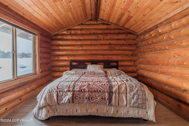 bedroom with rustic walls, wooden ceiling, lofted ceiling with beams, and hardwood / wood-style flooring