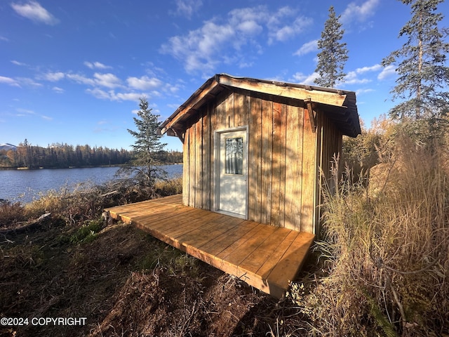 view of outdoor structure with a water view