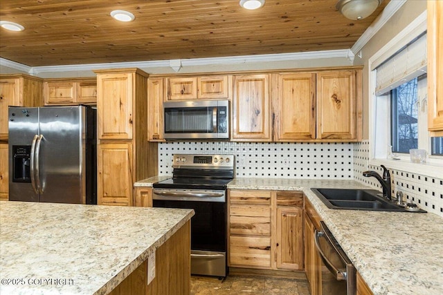 kitchen featuring tasteful backsplash, appliances with stainless steel finishes, ornamental molding, wooden ceiling, and sink