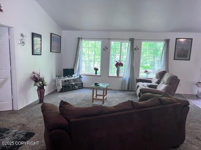 4570 S Navigators Cir, Wasilla, AK 99623 - living area featuring vaulted ceiling, healthy amount of natural light, carpet, and baseboards