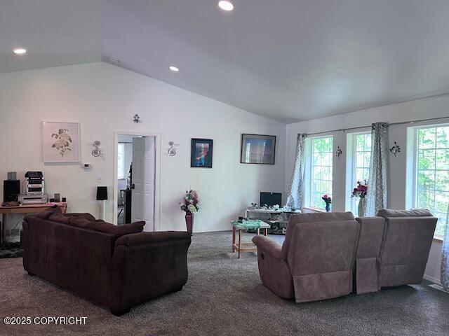 4570 S Navigators Cir, Wasilla, AK 99623 - carpeted living area with an office area, vaulted ceiling, plenty of natural light, and recessed lighting