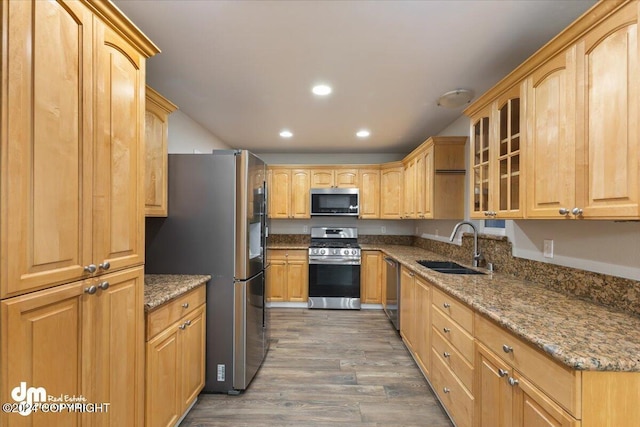 kitchen featuring sink, stone countertops, light brown cabinets, dark hardwood / wood-style floors, and stainless steel appliances