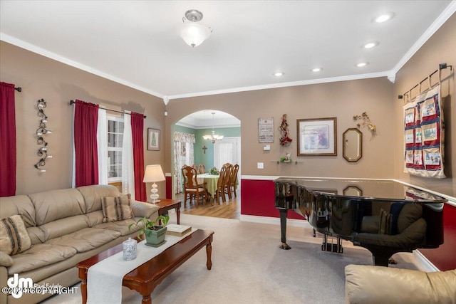 living room with ornamental molding