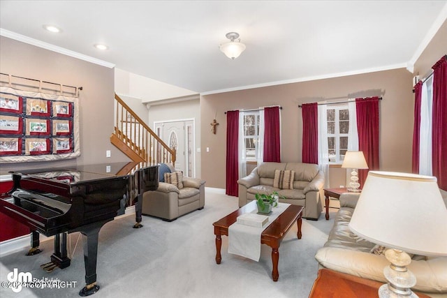 living room featuring ornamental molding and light carpet