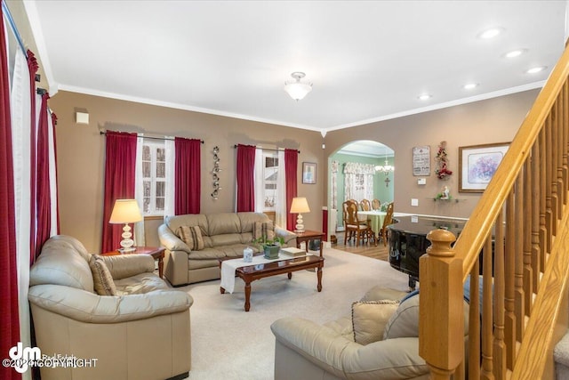 living room with crown molding and carpet floors