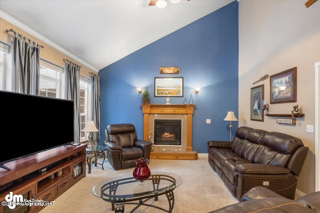 living room with lofted ceiling, ornamental molding, and carpet flooring