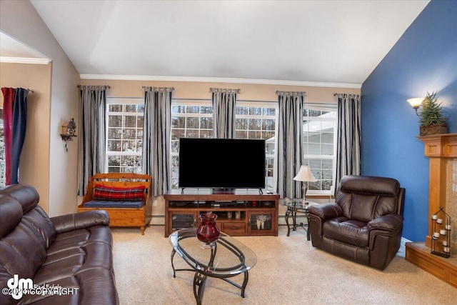 living room featuring crown molding, lofted ceiling, carpet, and plenty of natural light