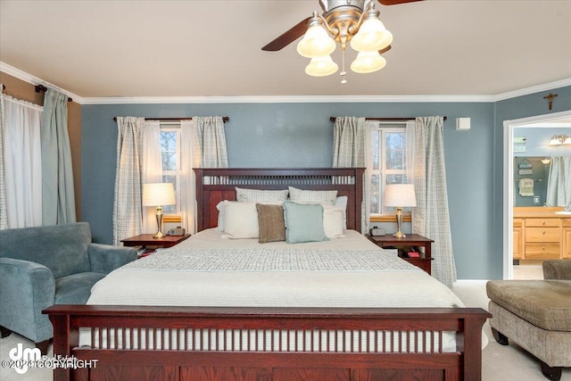 bedroom with ceiling fan, ornamental molding, carpet, and multiple windows