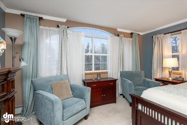 bedroom featuring ornamental molding, light colored carpet, and baseboard heating