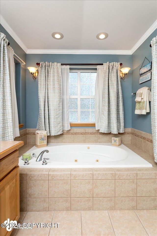 bathroom with tile patterned floors, ornamental molding, and tiled tub