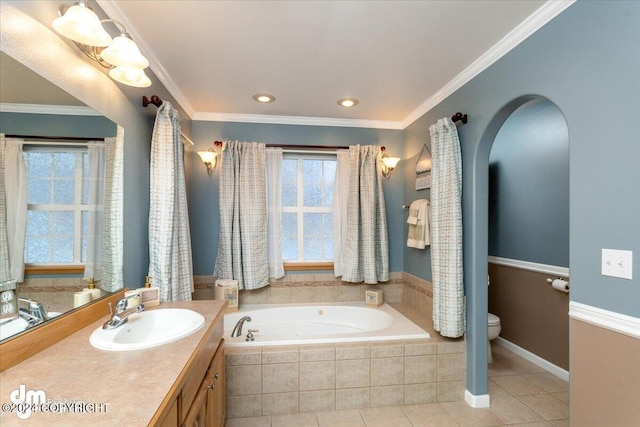 bathroom featuring ornamental molding, vanity, tile patterned floors, and toilet