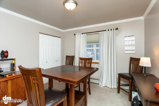 carpeted dining room featuring ornamental molding