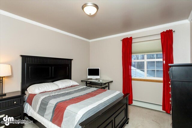 carpeted bedroom with crown molding and a baseboard heating unit