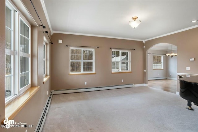 unfurnished living room with arched walkways, a baseboard radiator, a baseboard heating unit, carpet flooring, and crown molding