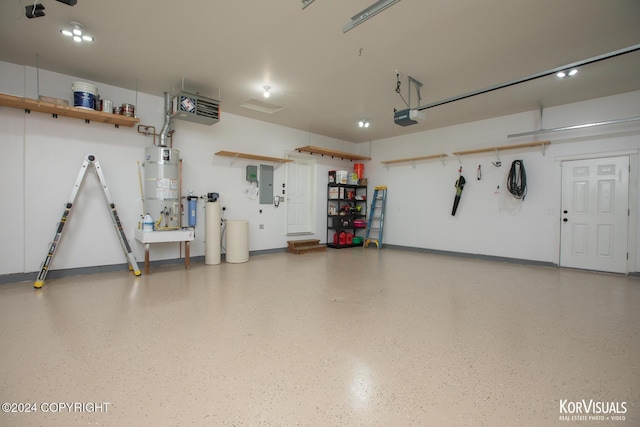 garage with electric panel, water heater, and a garage door opener