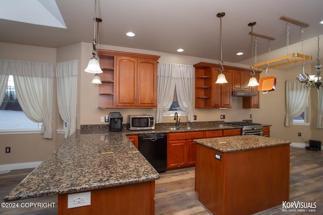 kitchen featuring hardwood / wood-style flooring, appliances with stainless steel finishes, hanging light fixtures, and a center island