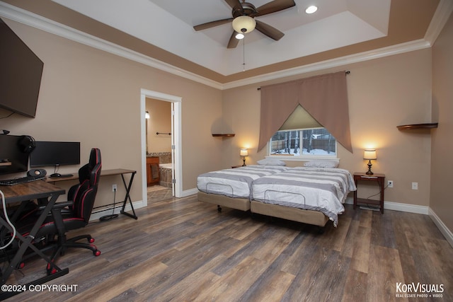 bedroom with ceiling fan, crown molding, connected bathroom, and a raised ceiling