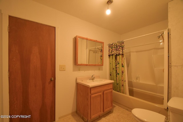 full bathroom featuring vanity, toilet, and shower / bathtub combination with curtain