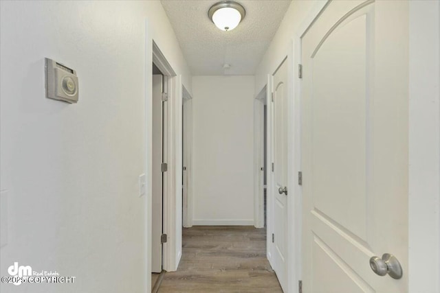 corridor with light wood-type flooring and a textured ceiling