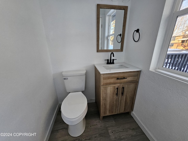 bathroom with vanity, wood-type flooring, and toilet