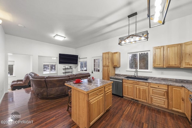 kitchen with stainless steel dishwasher, sink, decorative light fixtures, a center island, and dark hardwood / wood-style floors