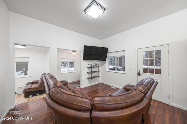 living room with dark hardwood / wood-style flooring