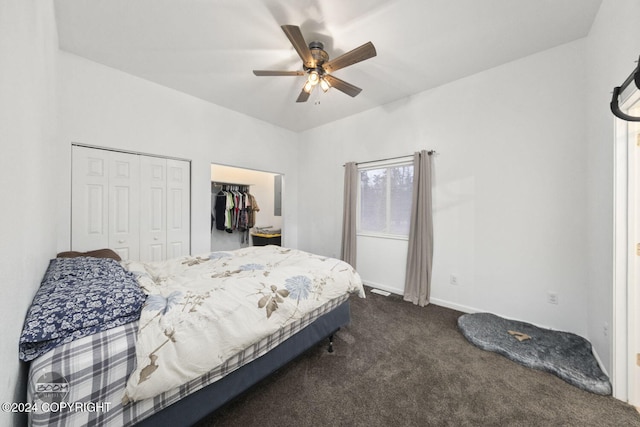 carpeted bedroom with a closet and ceiling fan