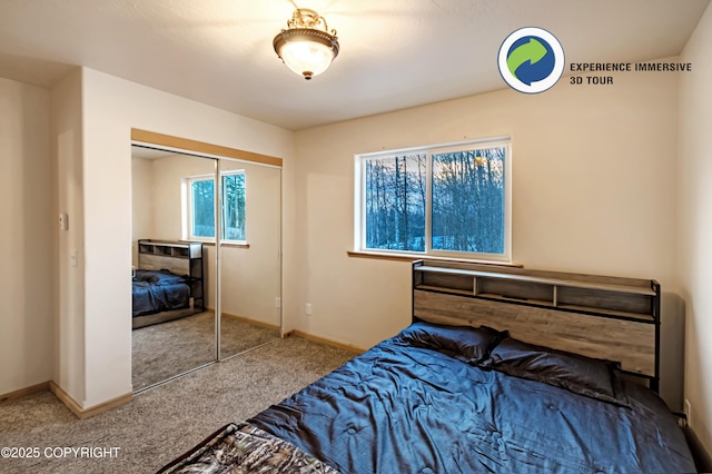 carpeted bedroom with a closet