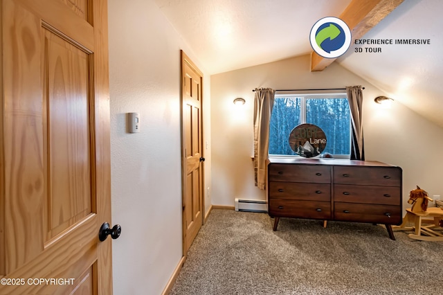 hall with lofted ceiling with beams, light carpet, and a baseboard heating unit