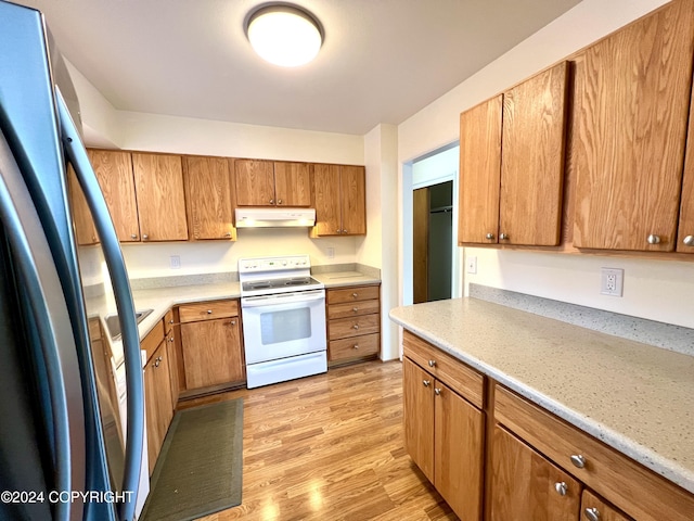 kitchen featuring electric stove, light hardwood / wood-style flooring, and stainless steel refrigerator