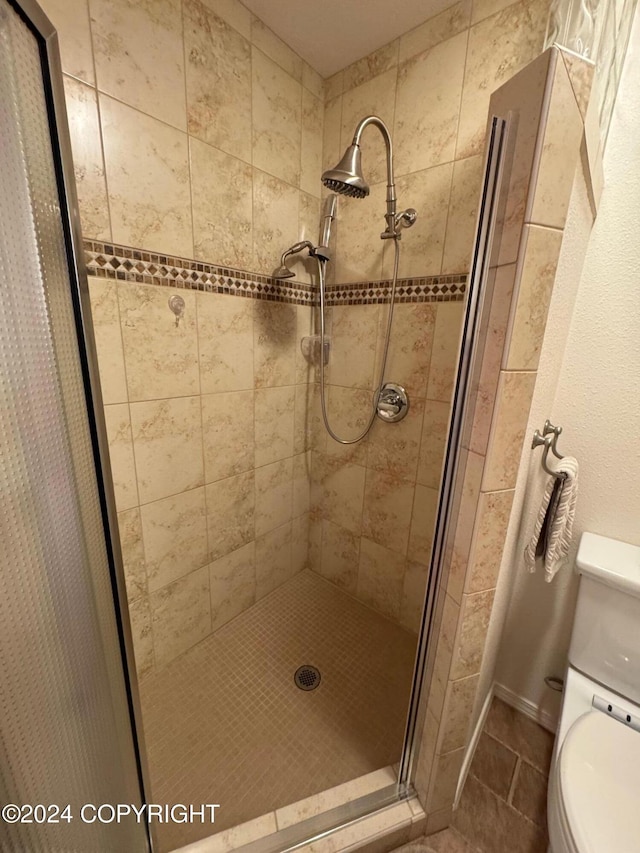 full bathroom featuring toilet and a shower stall