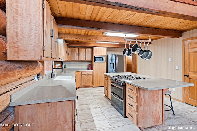 kitchen with a center island, wood ceiling, stainless steel appliances, beamed ceiling, and sink