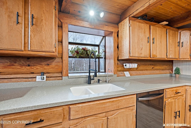 kitchen featuring sink, black dishwasher, beamed ceiling, and wood ceiling