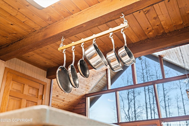 room details with wooden ceiling and beamed ceiling