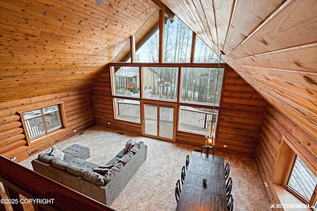 bonus room featuring lofted ceiling, carpet flooring, wood ceiling, and wooden walls