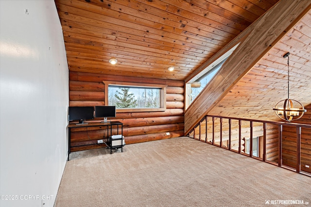 carpeted home office featuring a chandelier, lofted ceiling with skylight, rustic walls, and wooden ceiling