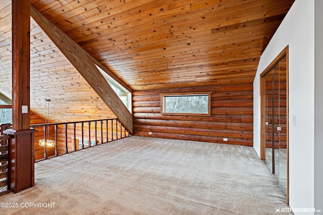 additional living space featuring lofted ceiling, carpet, wood ceiling, and log walls