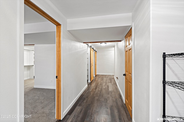 hallway featuring dark hardwood / wood-style floors and a barn door