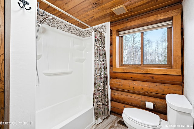 bathroom with toilet, rustic walls, shower / tub combo, and wood ceiling