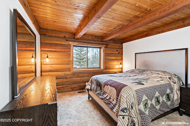 bedroom featuring wood ceiling, beamed ceiling, and log walls