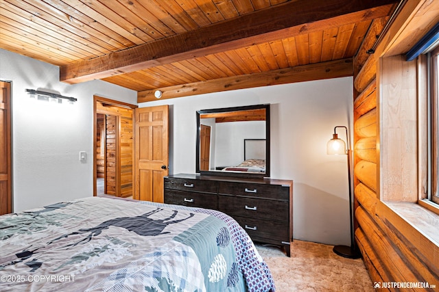 carpeted bedroom featuring wooden ceiling and beamed ceiling