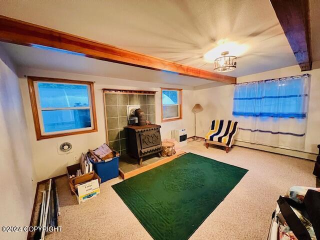 3411 Monashka Bay Rd, Kodiak, AK 99615 - sitting room featuring a wood stove, carpet, beam ceiling, and a baseboard radiator