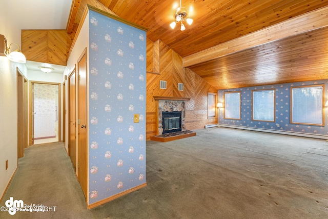 unfurnished living room featuring a fireplace, carpet, a baseboard radiator, and wooden ceiling