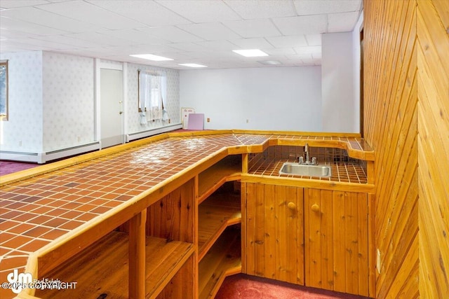 interior space with carpet flooring, tile counters, and sink